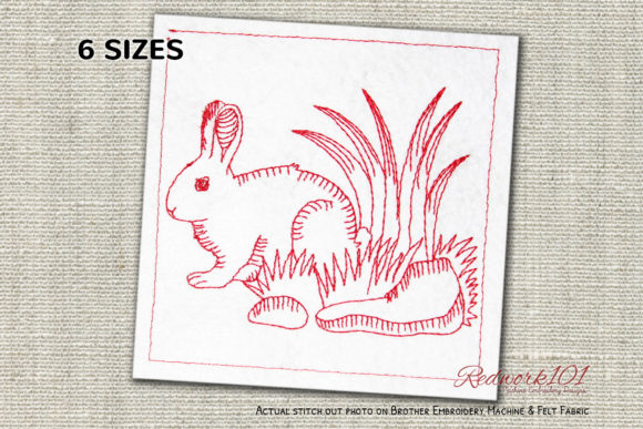 Rabbit Sitting in Garden Redwork Embroidery Design